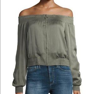 BCBG Marco Off-the-Shoulder Zip-Front Satin Top
